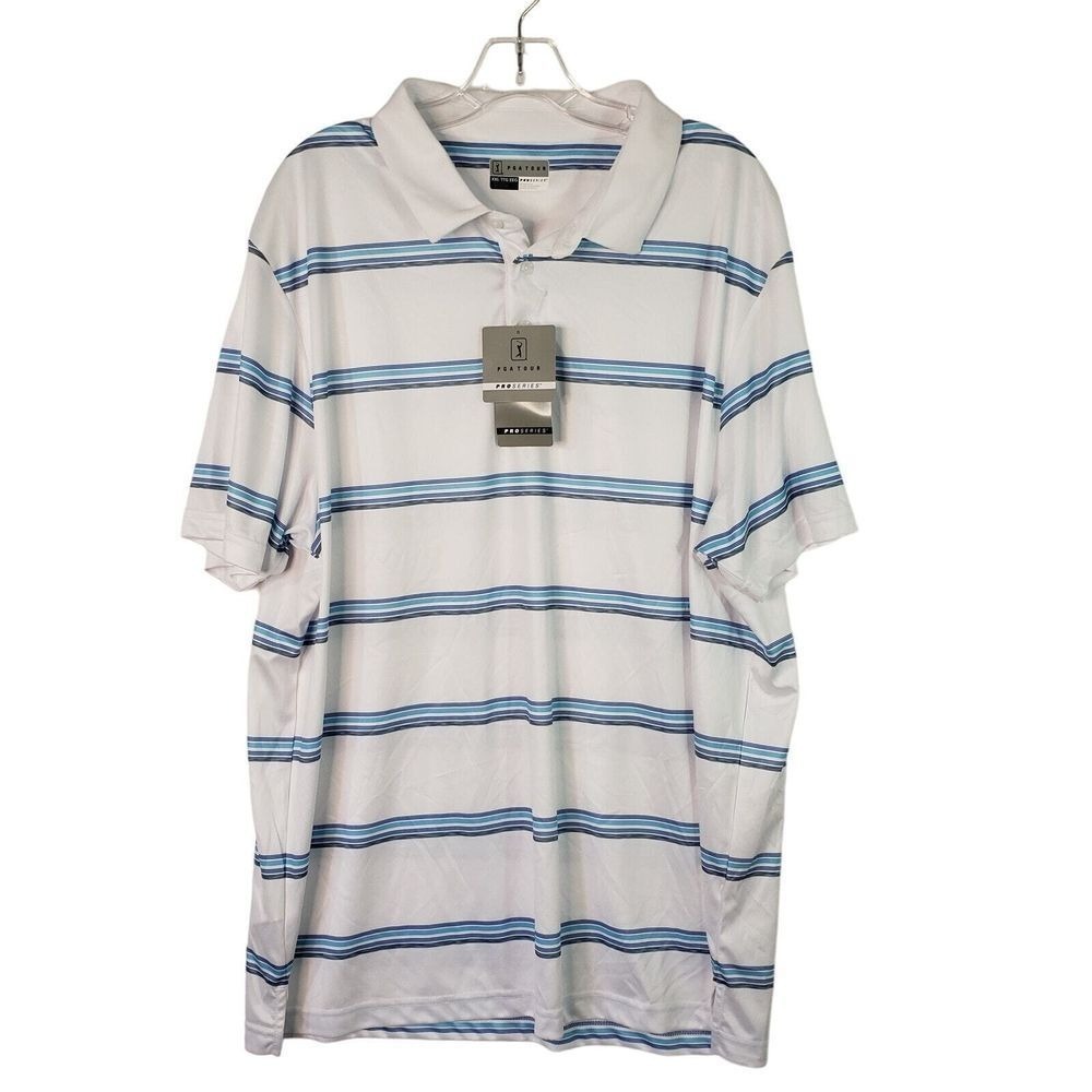 PGA Tour Pro Series Mens Small Polo Shirt White Blue‎ Striped Athletic Fit Golf